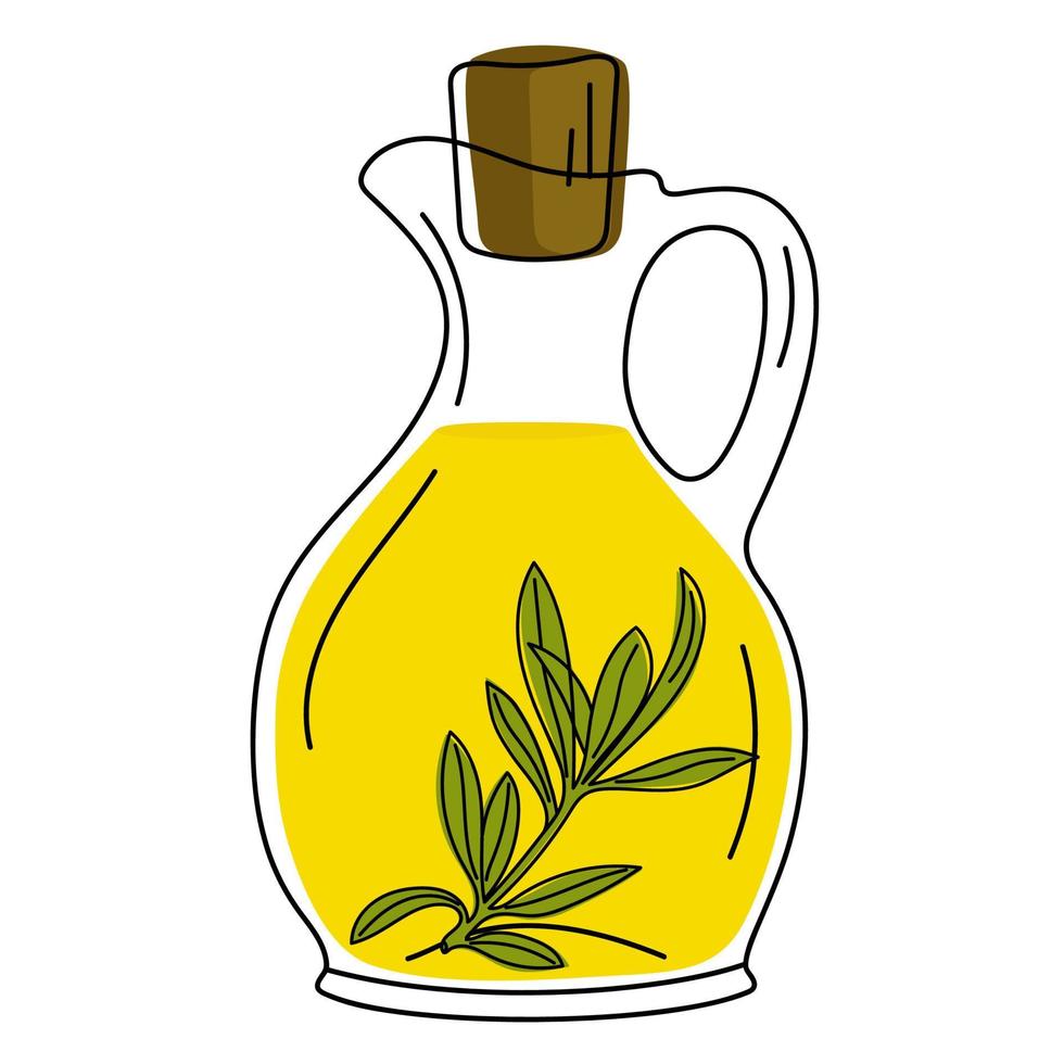 Hand drawn glass jug with olive oil and plant inside. vector