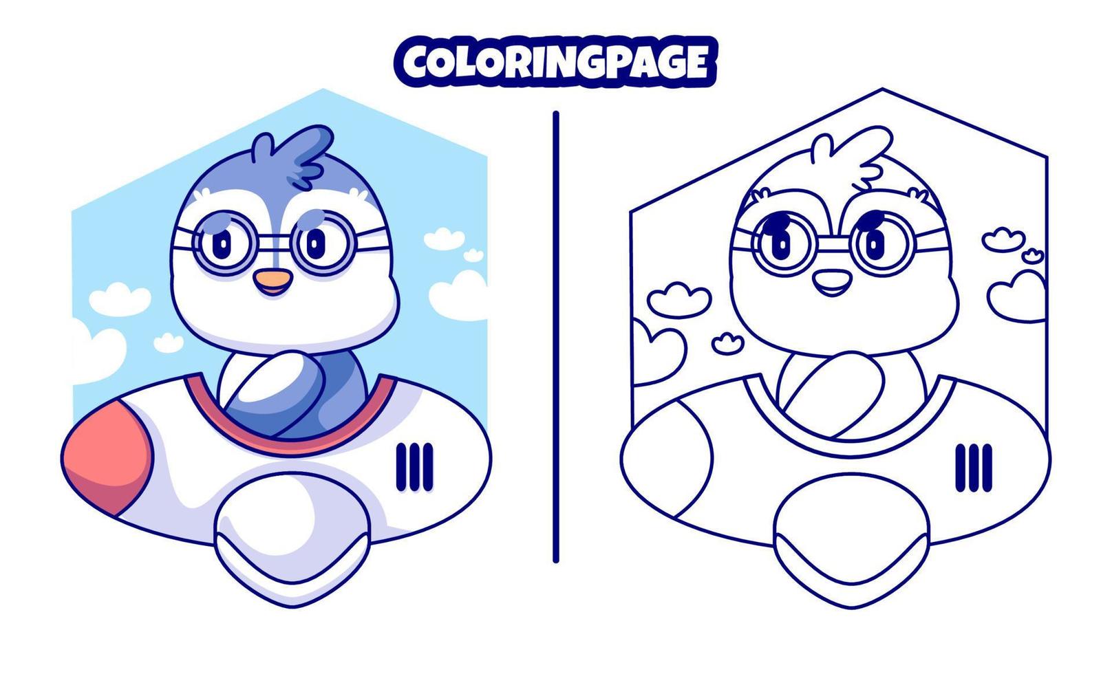 penguin on a cute plane with coloring pages suitable for kids vector