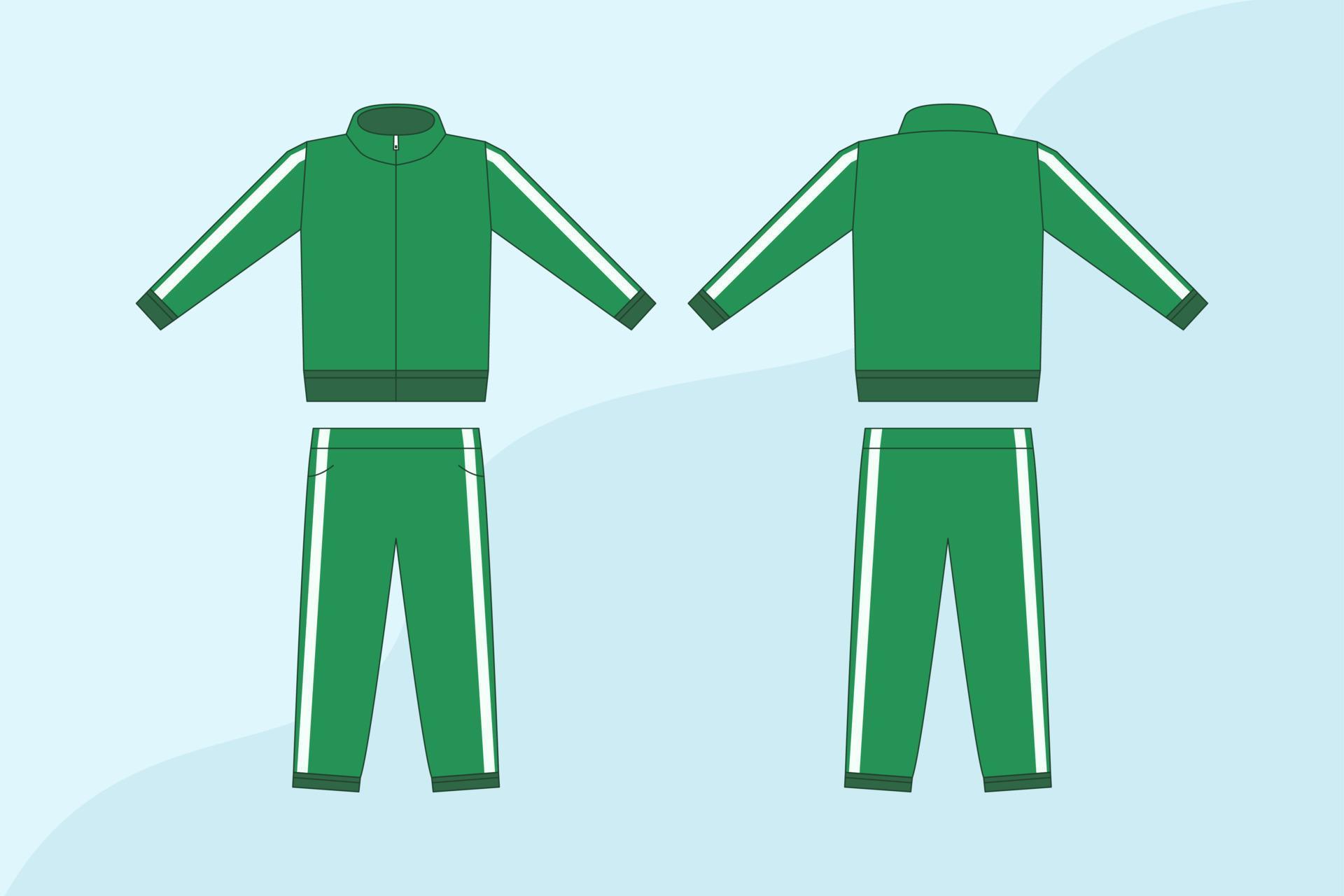 Green tracksuit vector template, flat design mock up. A set of colorful