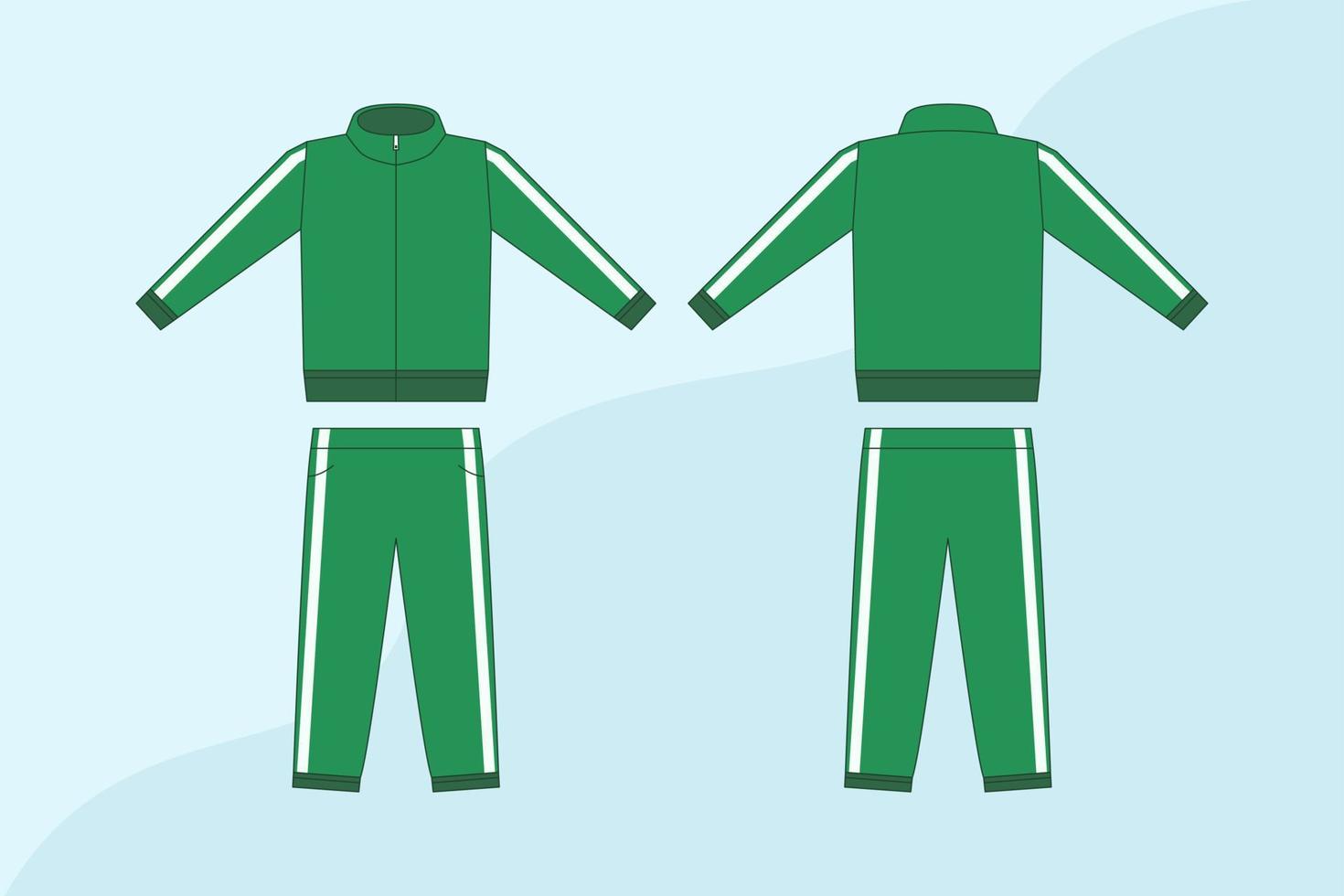 Green tracksuit vector template, flat design mock up. A set of colorful sports jacket with pants.