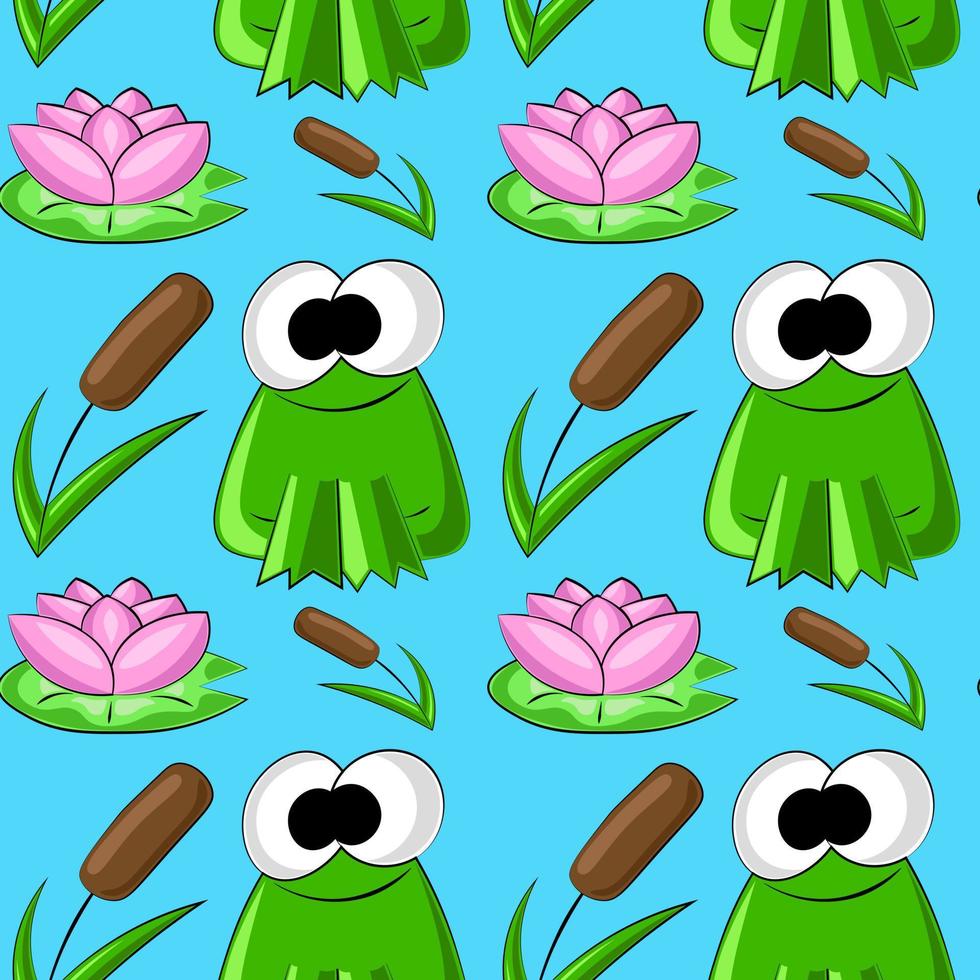 Seamless vector pattern with cute frog, lotos and reed