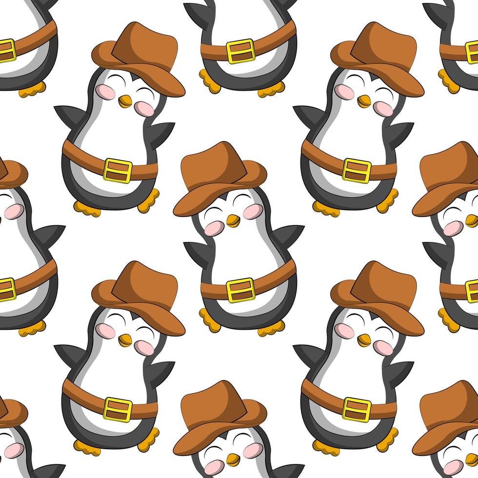 Seamless vector pattern with cute cartoon penguin cowboy