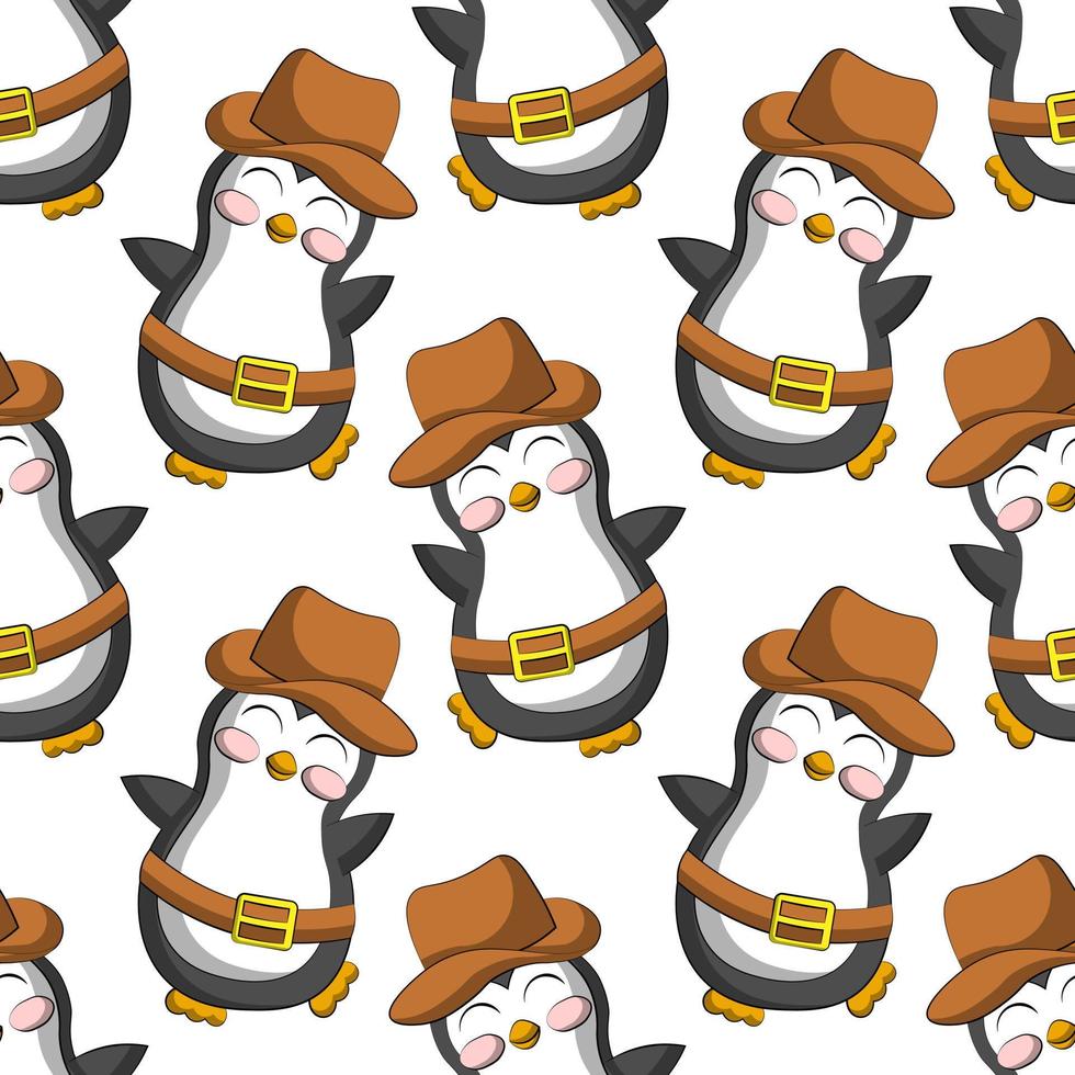 Seamless vector pattern with cute cartoon penguin cowboy