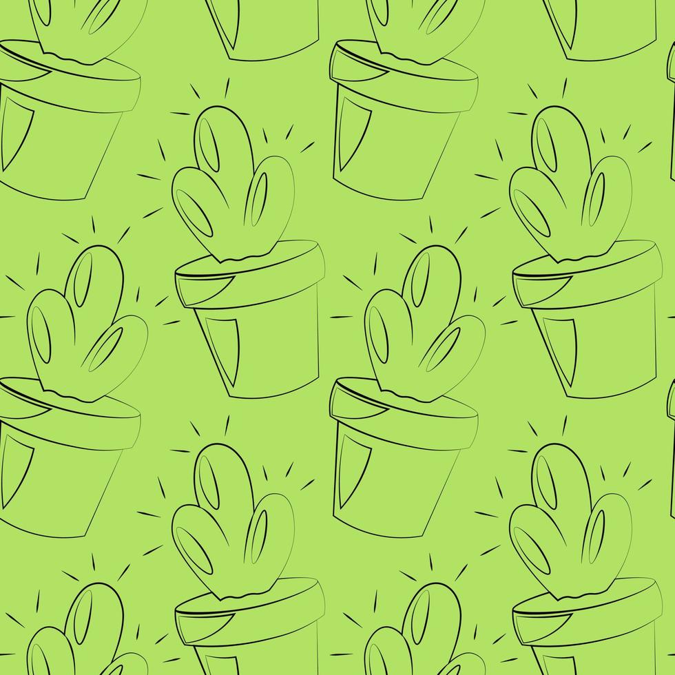 Seamless vector pattern with outline cactus in pot