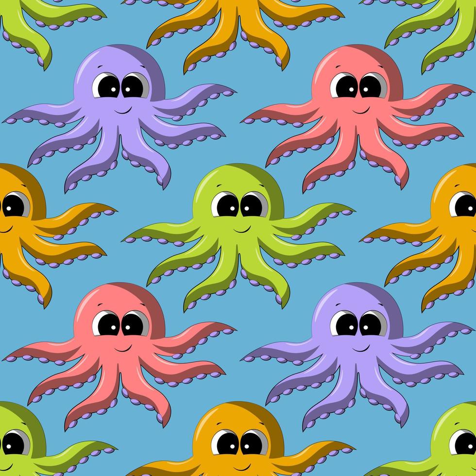 Seamless vector pattern with cute cartoon color octopus
