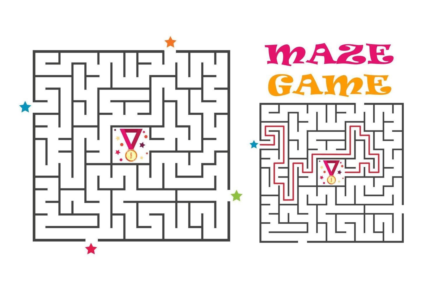 Square maze labyrinth game for kids. Logic conundrum with medal. Four entrance and one right way to go. Vector flat illustration isolated on white background.