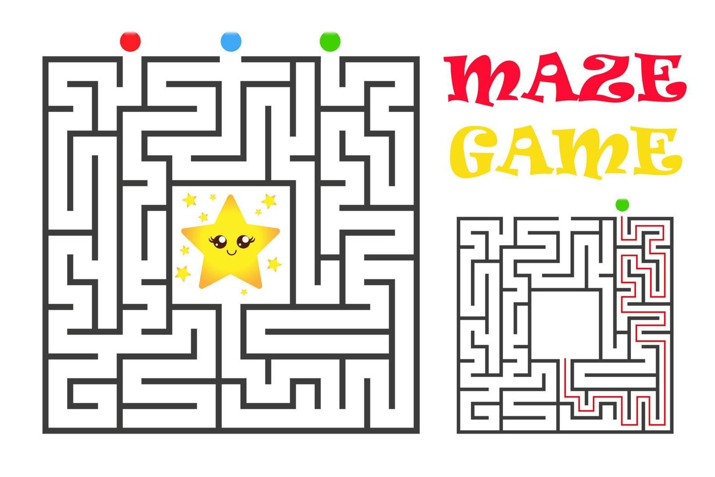 Square maze labyrinth game for kids. Logic conundrum with star. Four entrance and one right way to go. Vector flat illustration isolated on white background.