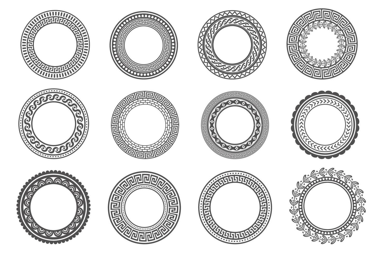 Circle greek frames. Round meander borders. Decoration elements patterns. Vector illustration isolated on white background.