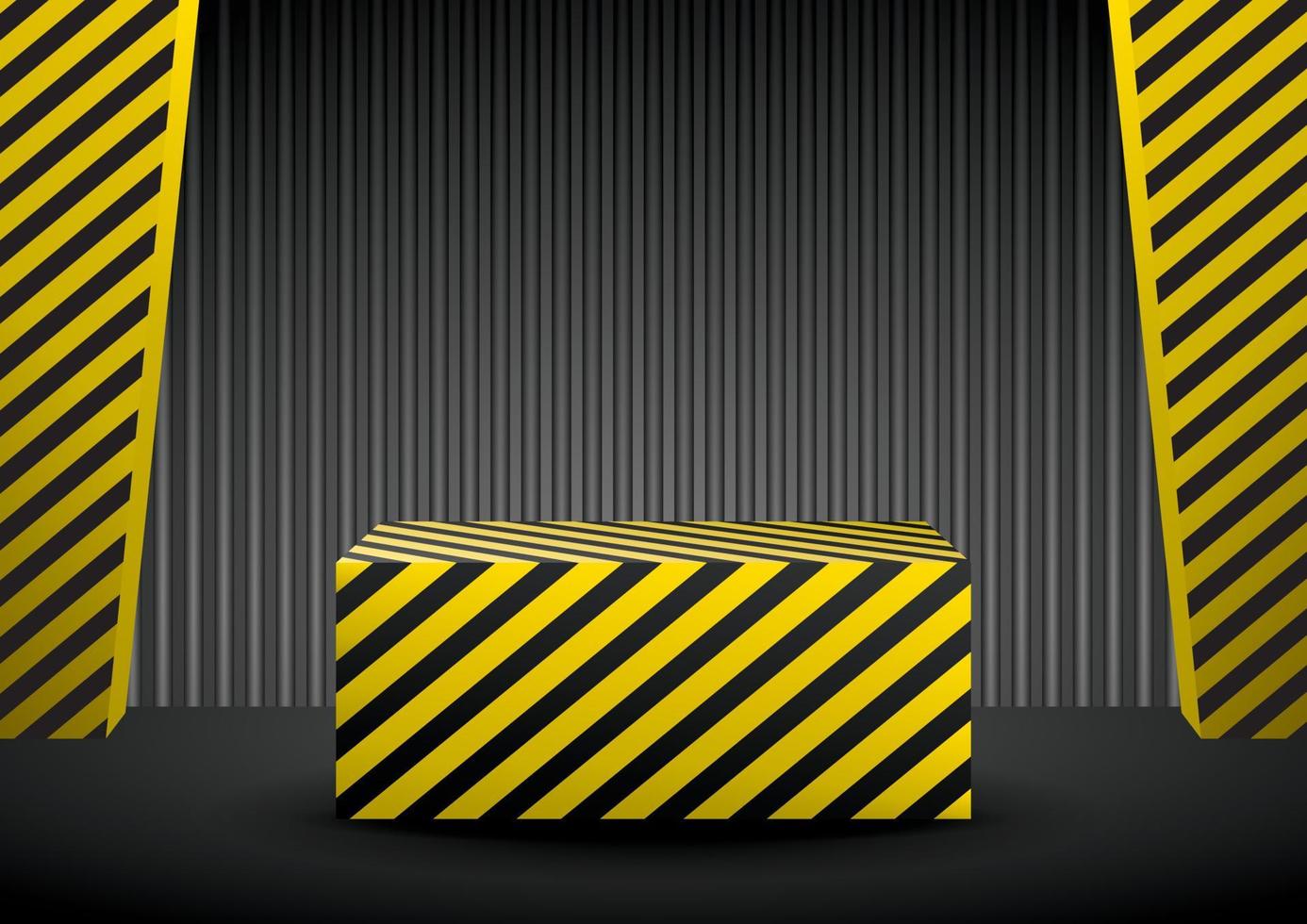 yellow and black striped pattern podium display with black metal wall scene 3d illustration vector