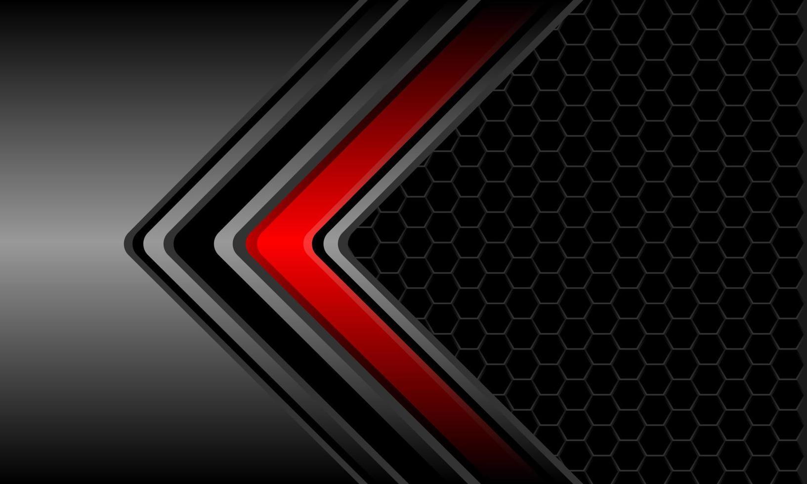 Abstract red dark grey metallic arrow direction black hexagon mesh design modern futuristic technology background vector