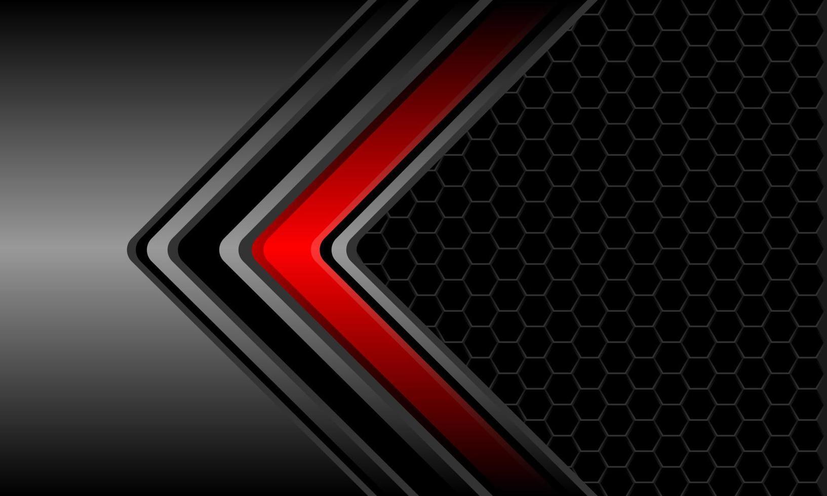 Abstract red dark grey metallic arrow direction black hexagon mesh design modern futuristic technology background vector