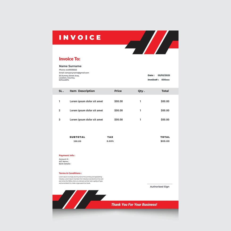 Red and black minimal business vector  invoice template.