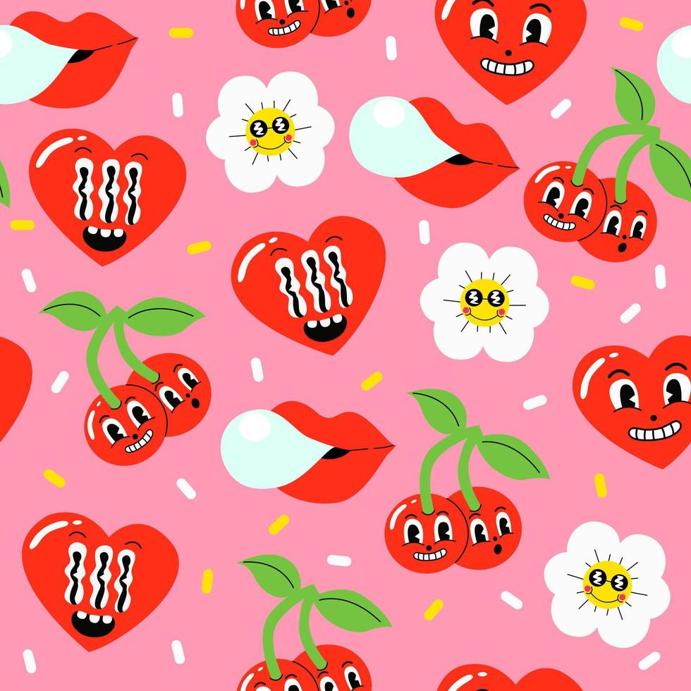 fondo de feliz día de san valentín. patrón de vector transparente con corazón cómico, cereza y flor en estilo de dibujos animados retro de moda.