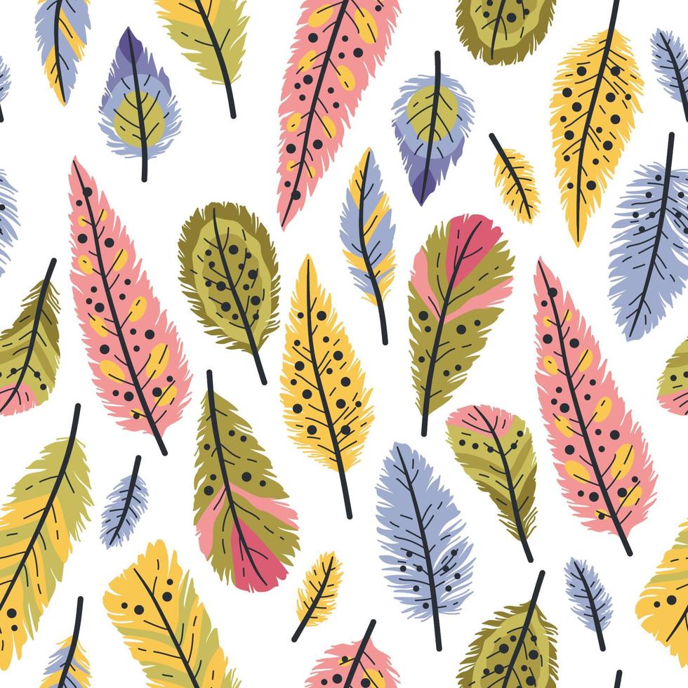 Seamless pattern of decorative colored animals tribal feathers. vector