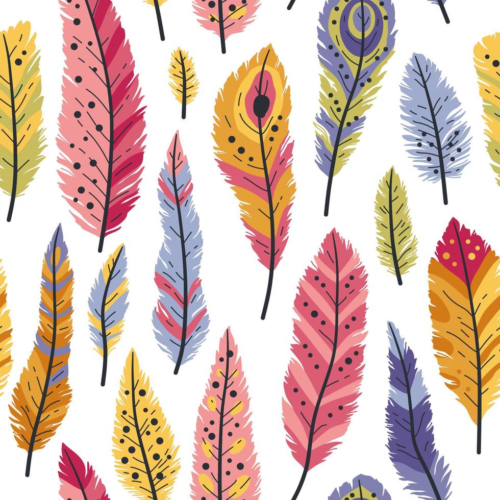 Seamless pattern of decorative colored animals tribal feathers. vector