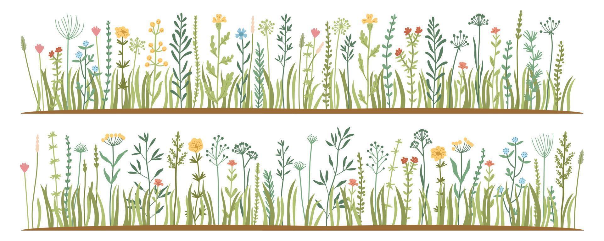 Green Grass flat icon set. Wild meadow herbs, flowers vector