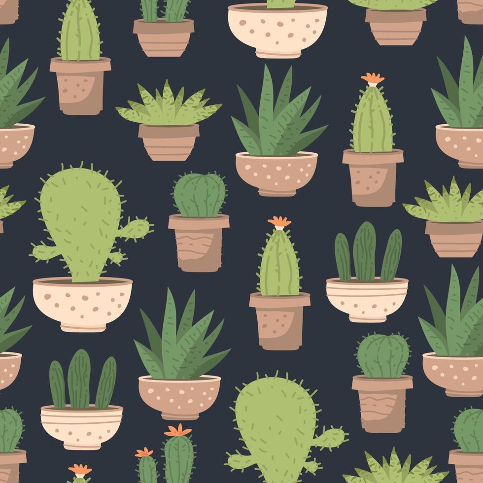 Seamless pattern different cute cactus and succulents in pots on white vector