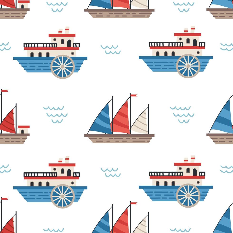 Vector sailboats and ships seamless pattern. Marine flat vector background
