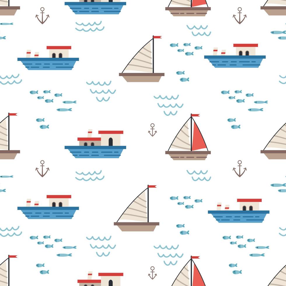 Vector sailboats and ships seamless pattern. Marine flat vector background