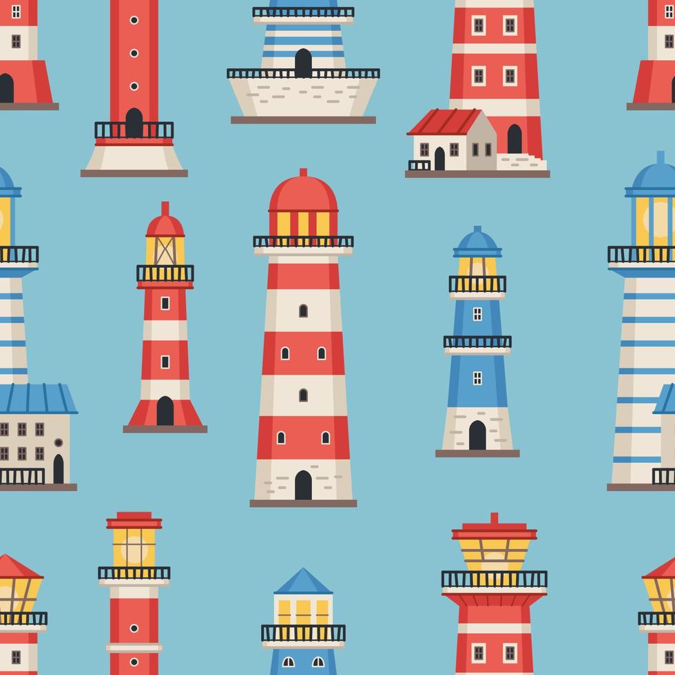 Vector flat style lighthouses with searchlight, marine theme seamless pattern