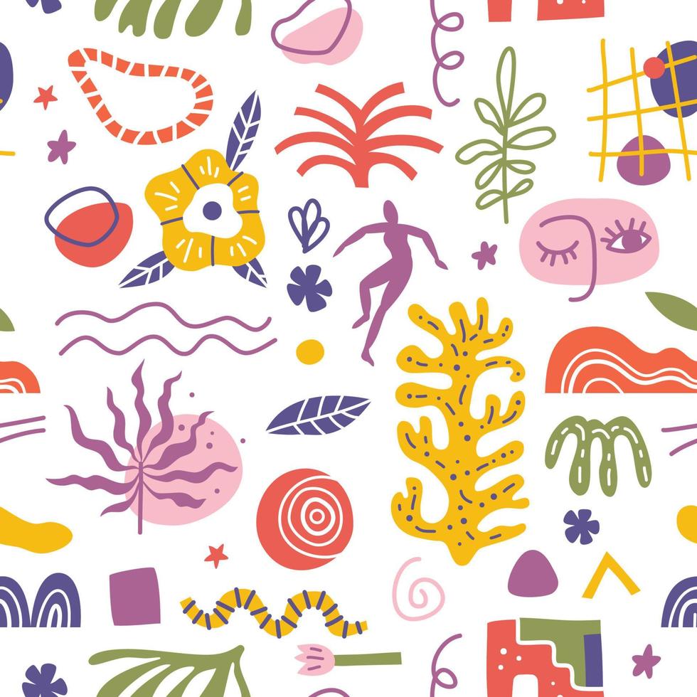 Trendy seamless pattern with abstract shapes and silhouettes of people vector