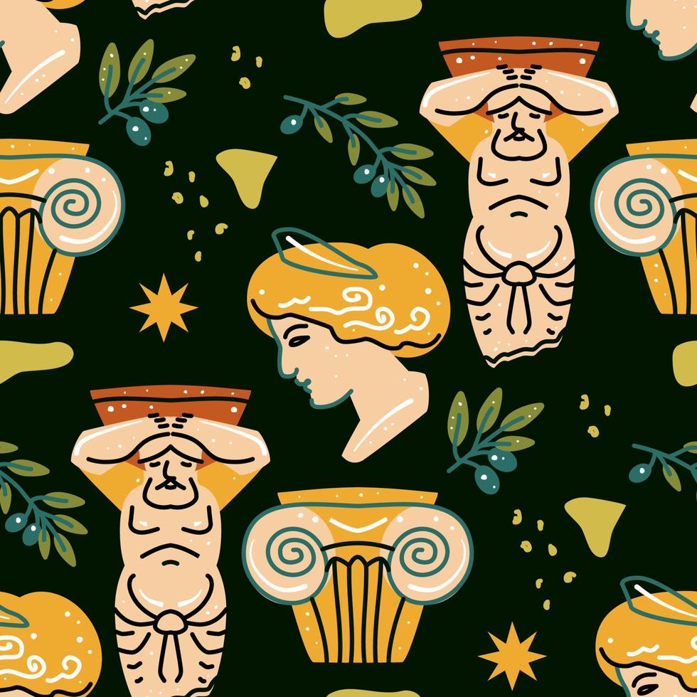 Seamless pattern with antique statue of woman, amphora, harp, pattern vector