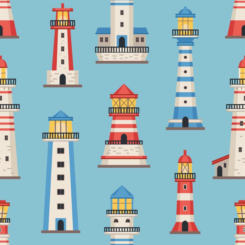 Vector flat style lighthouses with searchlight, marine theme seamless pattern