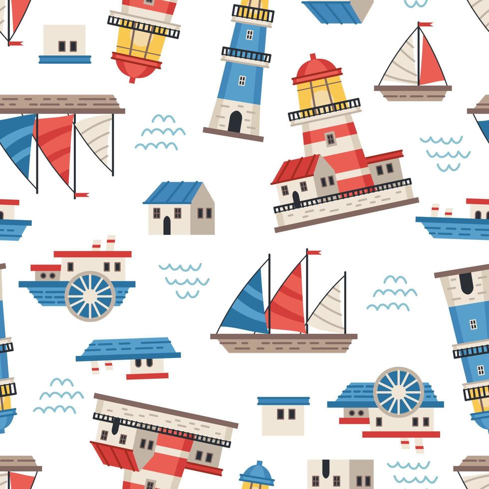 Vector sailboats and ships seamless pattern. Marine flat vector background