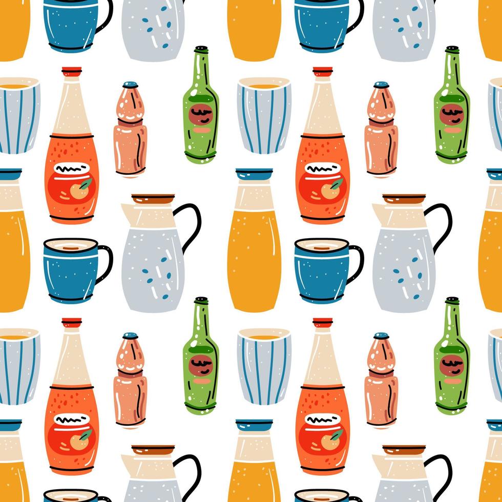 Colored seamless of food and drink. Pattern with bright colorful crockery vector