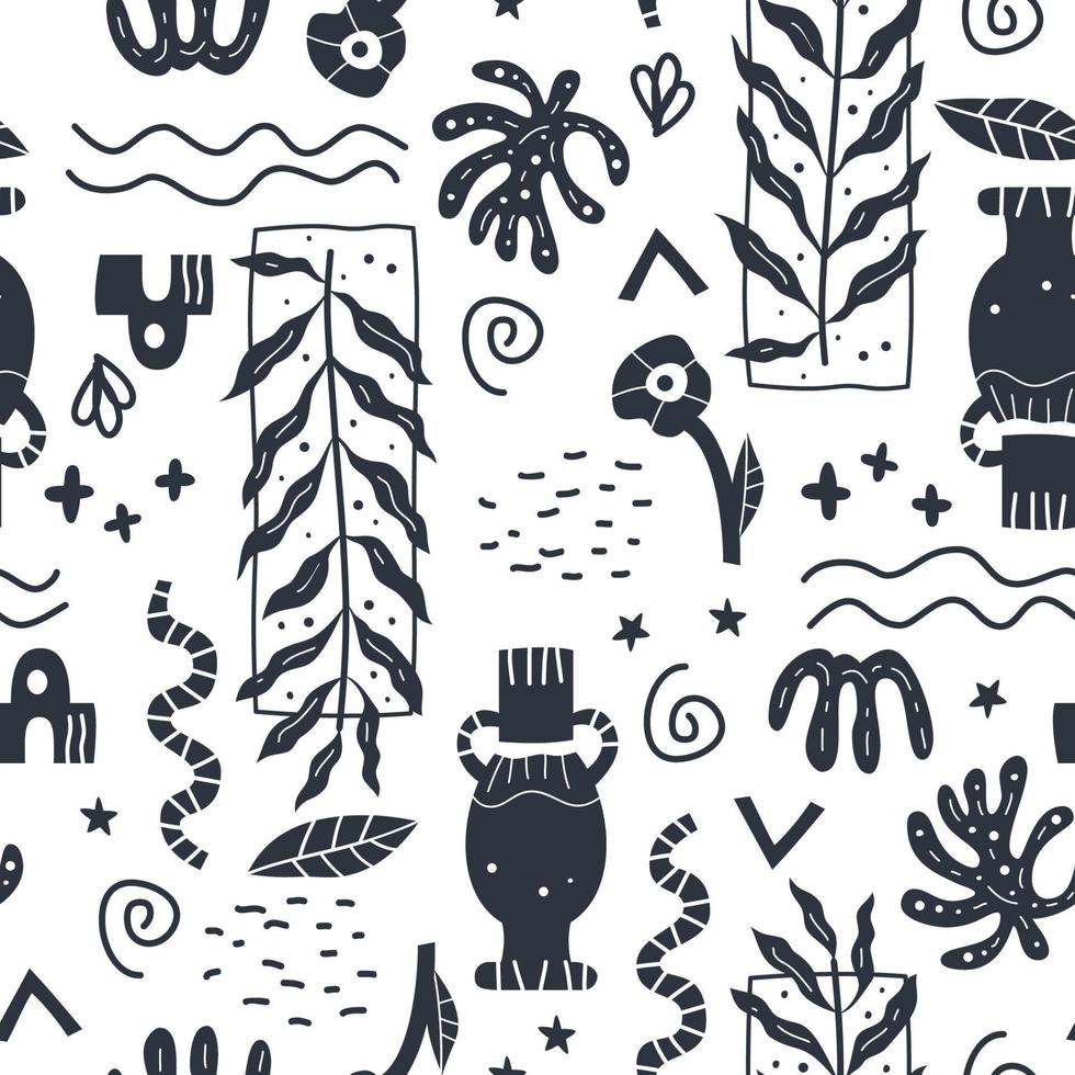 Abstract black and white shapes seamless pattern matisse style wallpaper. vector