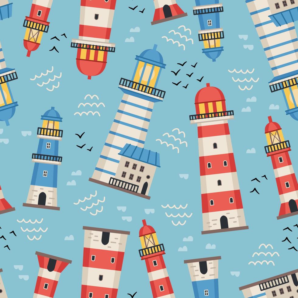 Vector flat style lighthouses with searchlight, marine theme seamless pattern