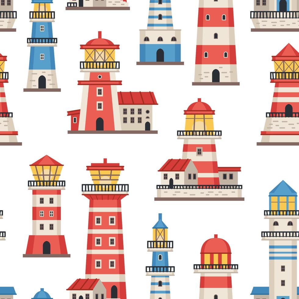 Vector flat style lighthouses with searchlight, marine theme seamless pattern