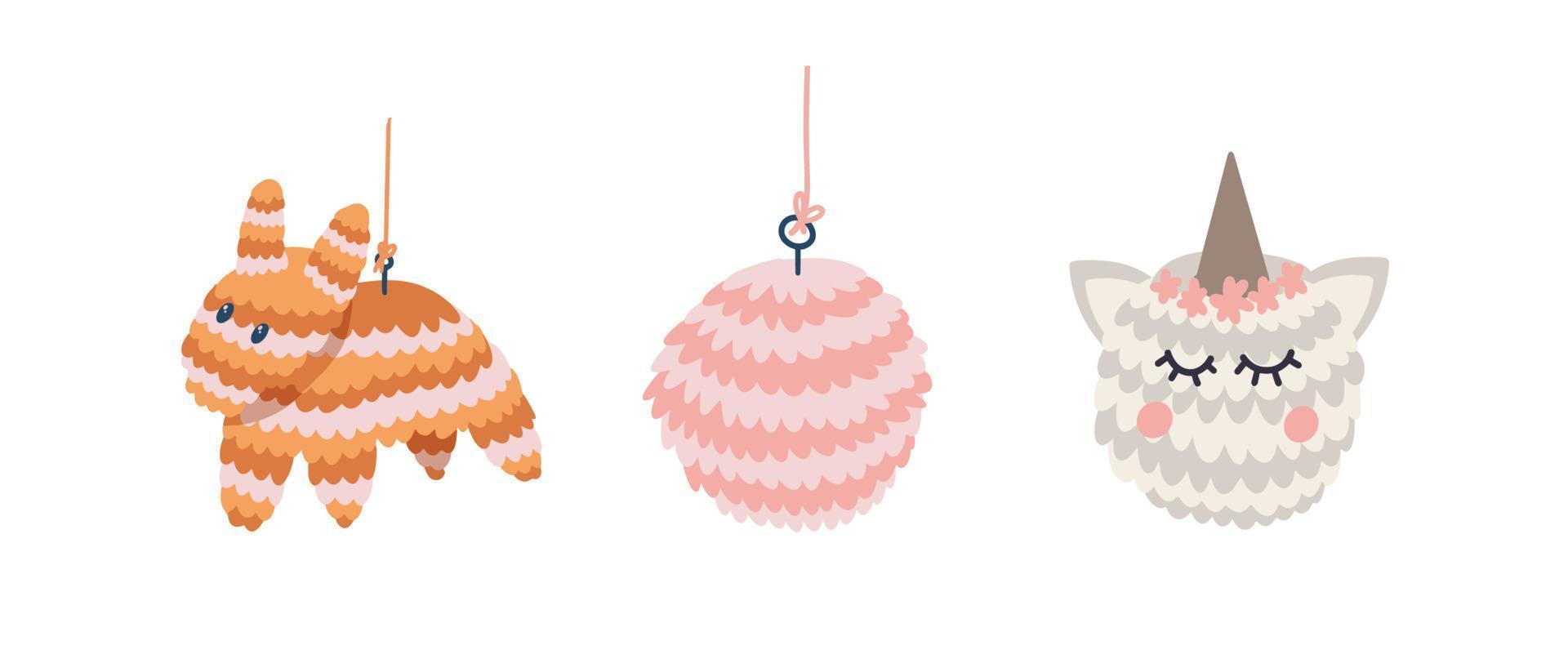 set of pinat llama, pink ball and unicorn vector