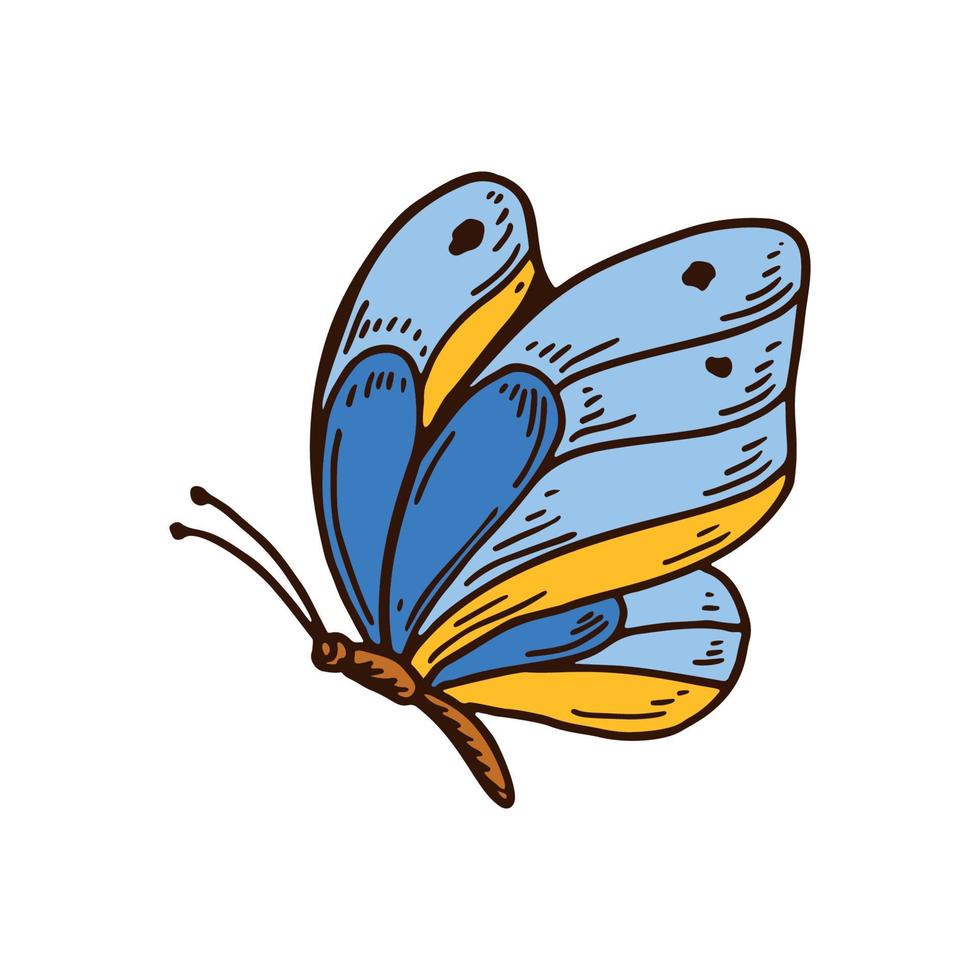 Hand drawn butterfly if Ukrainian flag colors. Vector illustration. Stop the war. Stand with Ukraine