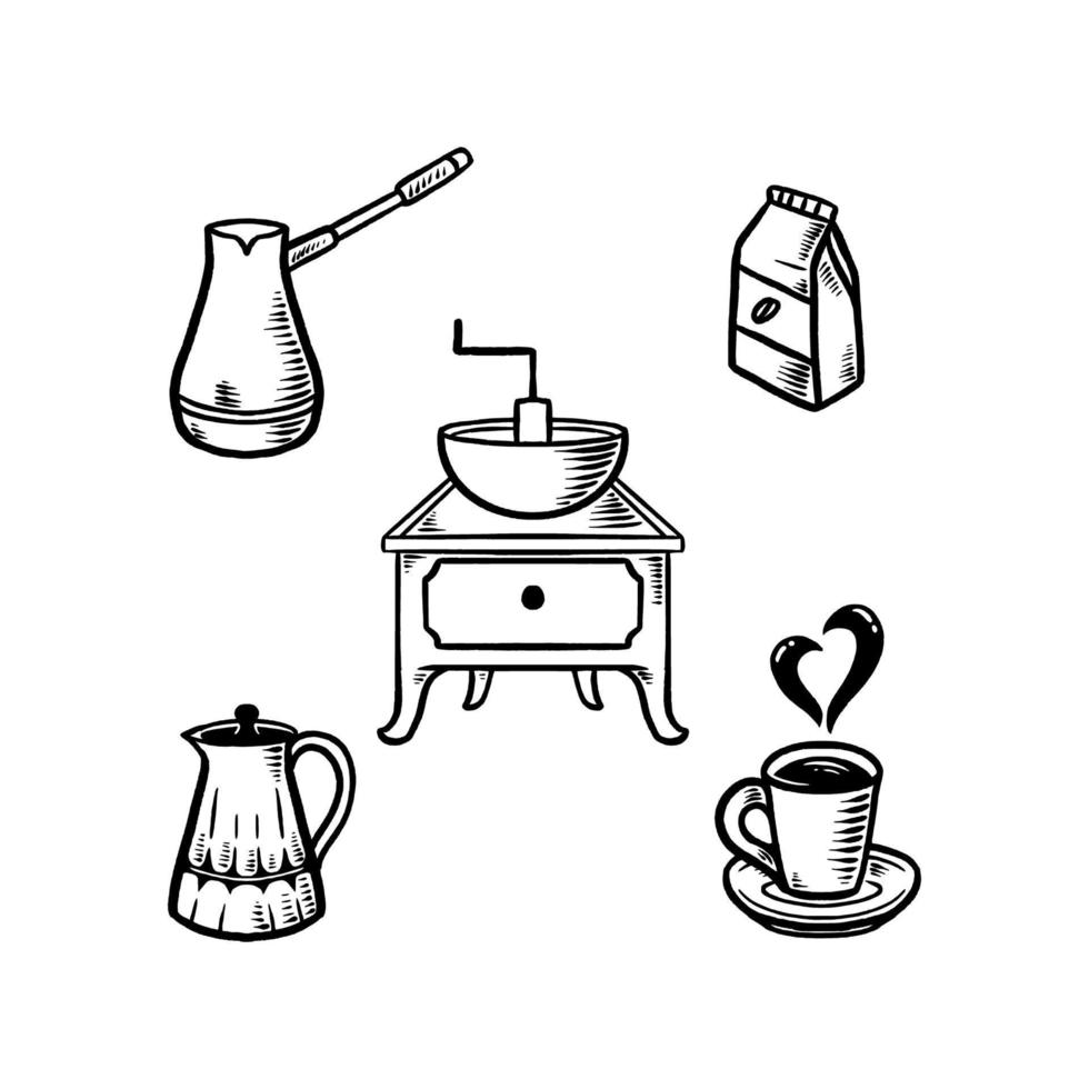 café doodle conjunto dibujado a mano ilustración vector