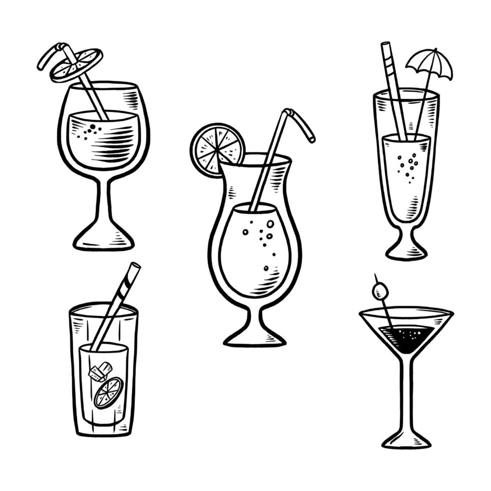 bebidas doodle set bebida fresca ilustración-01 vector