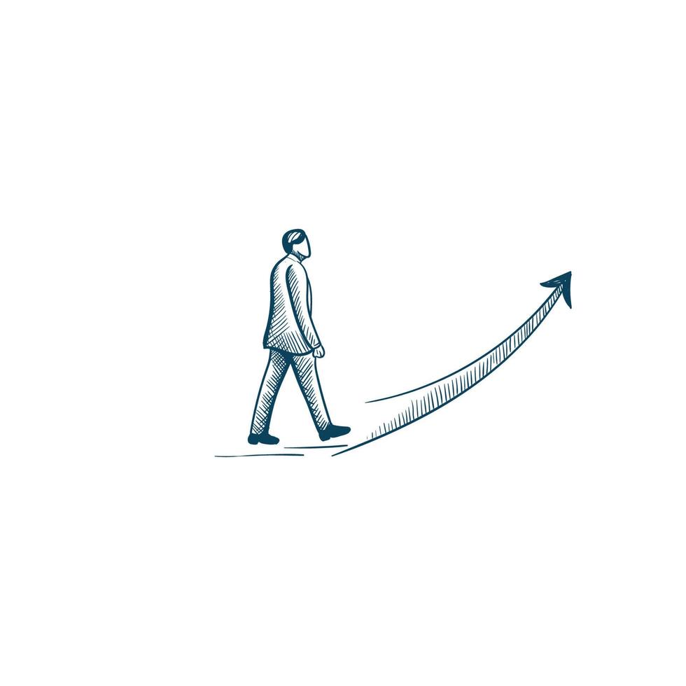 hand drawn illustration of business man looking forward arrow to goal vector