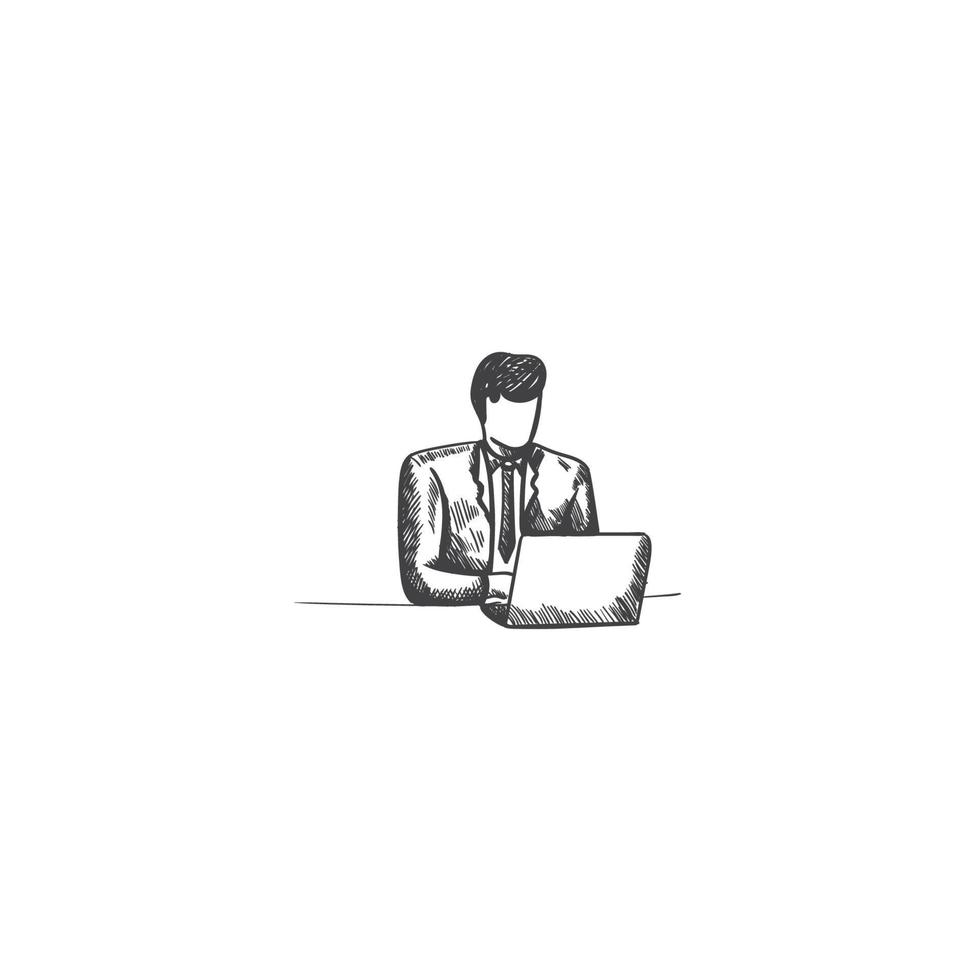 business man illustration using laptop hand drawn vector