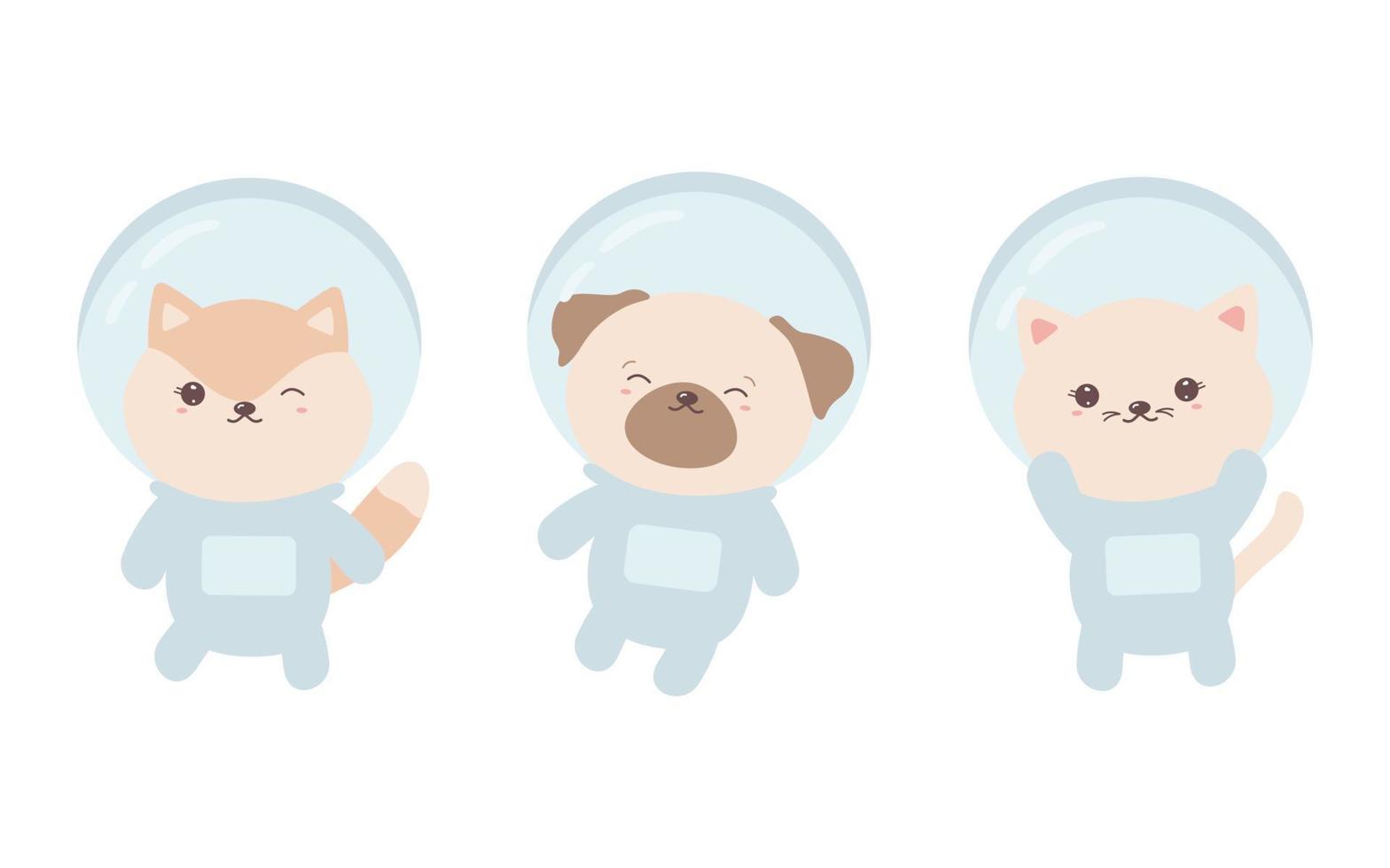 Set of cute kawaii animals astronauts in pastel colors. Funny dog, cat and fox in space suits. Vector Illustration isolated on white background