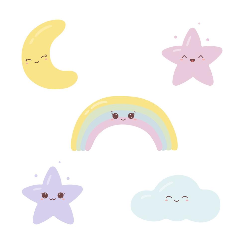 Collection of space and celestial elements with funny faces. Cute kawaii stars, rainbow, crescent and cloud. Vector Illustration