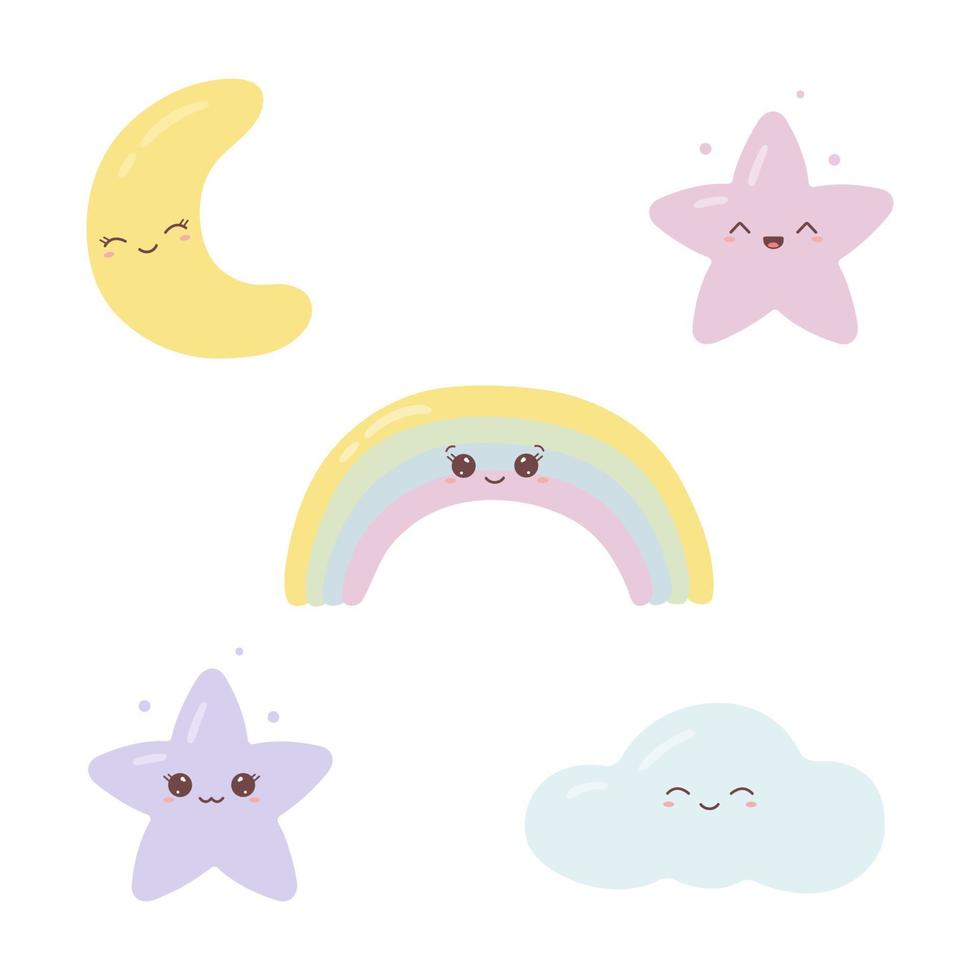 colección de elementos espaciales y celestiales con caras graciosas. lindas estrellas kawaii, arcoíris, media luna y nubes. ilustración vectorial vector