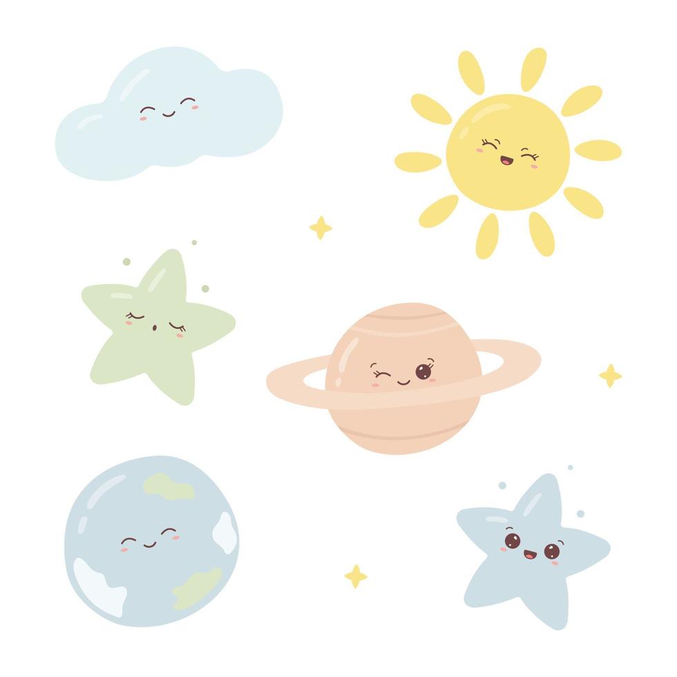 conjunto de elementos espaciales y celestiales con caras lindas. graciosas estrellas kawaii, planetas, sol y nubes en colores pastel. ilustración vectorial aislado sobre fondo blanco vector