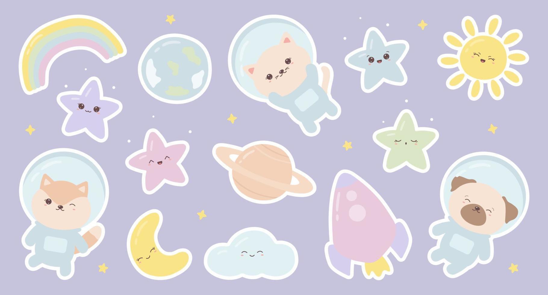 colección de pegatinas de dibujos animados espaciales, elementos celestiales y personajes. lindos animales kawaii astronautas con planetas, estrellas, cohetes, arcoíris, sol, media luna y nubes. ilustración vectorial vector