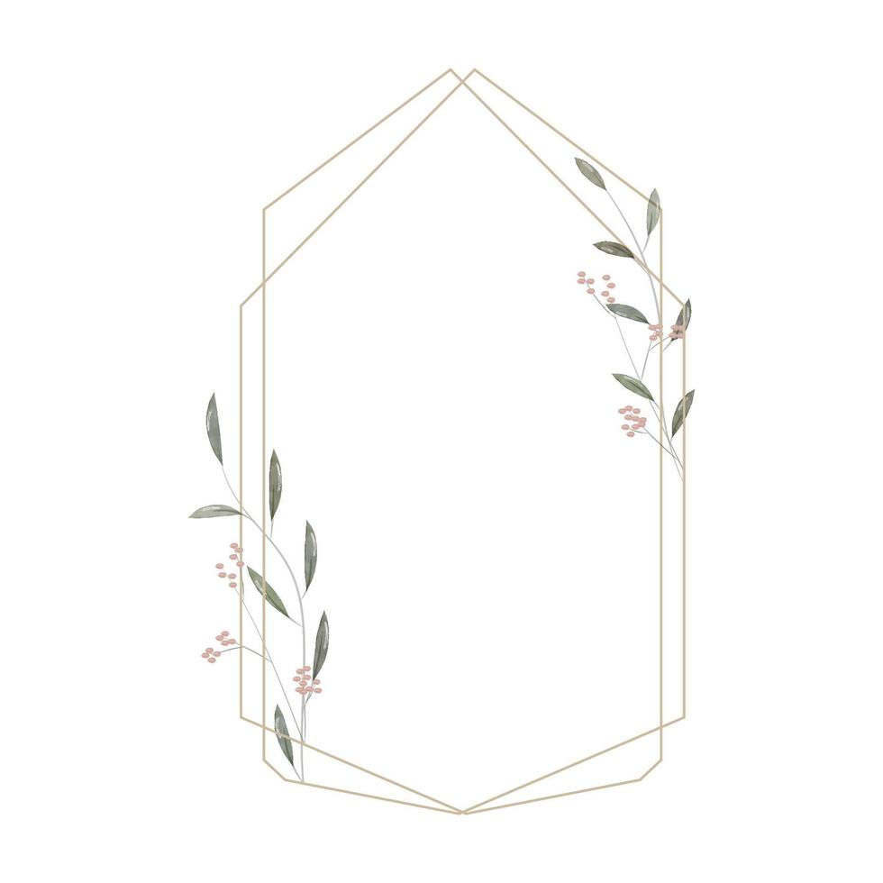 Frame in minimalistic, rustic and watercolor style. Geometric border with watercolor branches, leaves and flowers. Modern frame for design wedding invitation and greeting card. Vector illustration