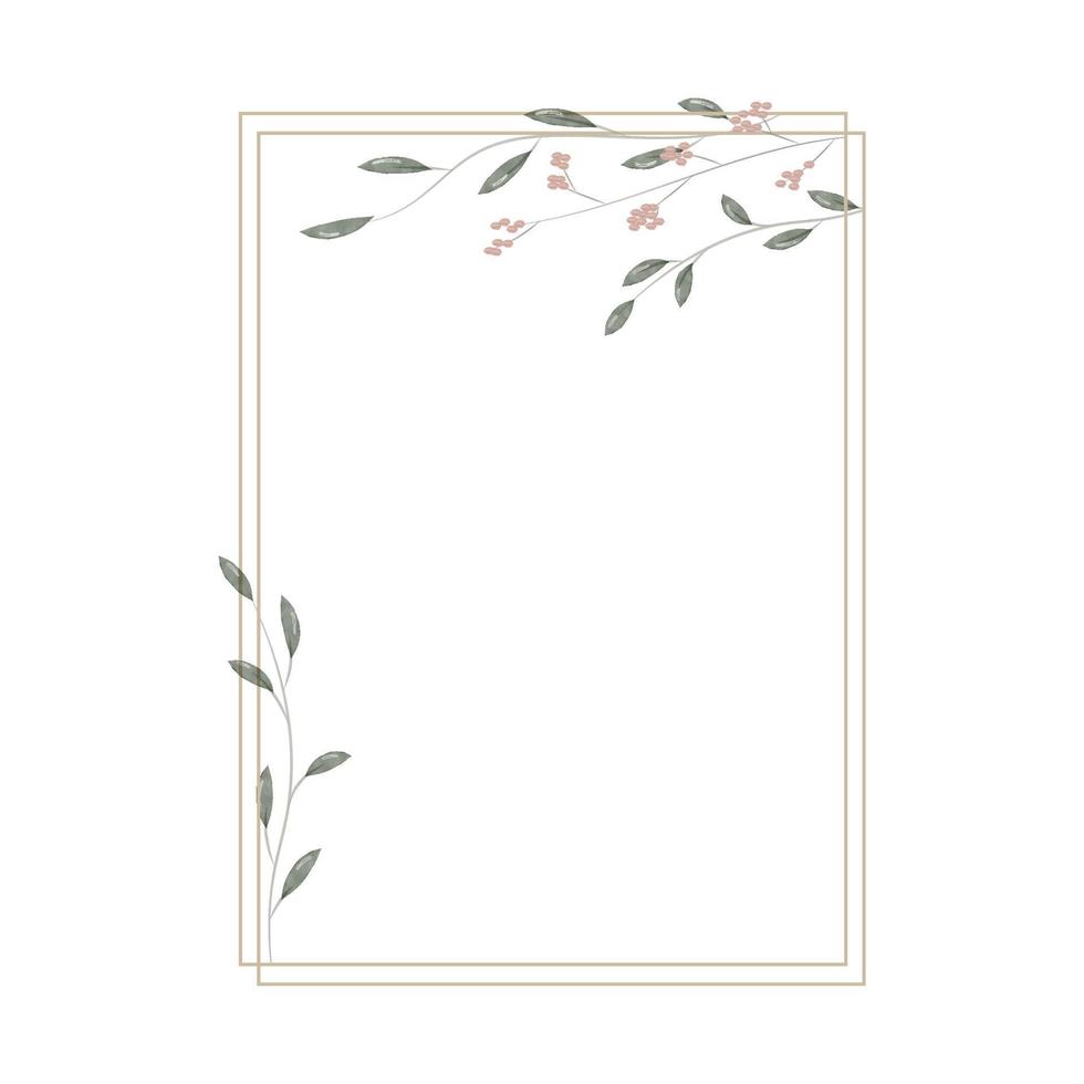 Rectangular frame in minimalistic, rustic and watercolor style. Geometric border with watercolor branches, leaves and flowers. Modern frame for design wedding invitation and greeting card. Vector