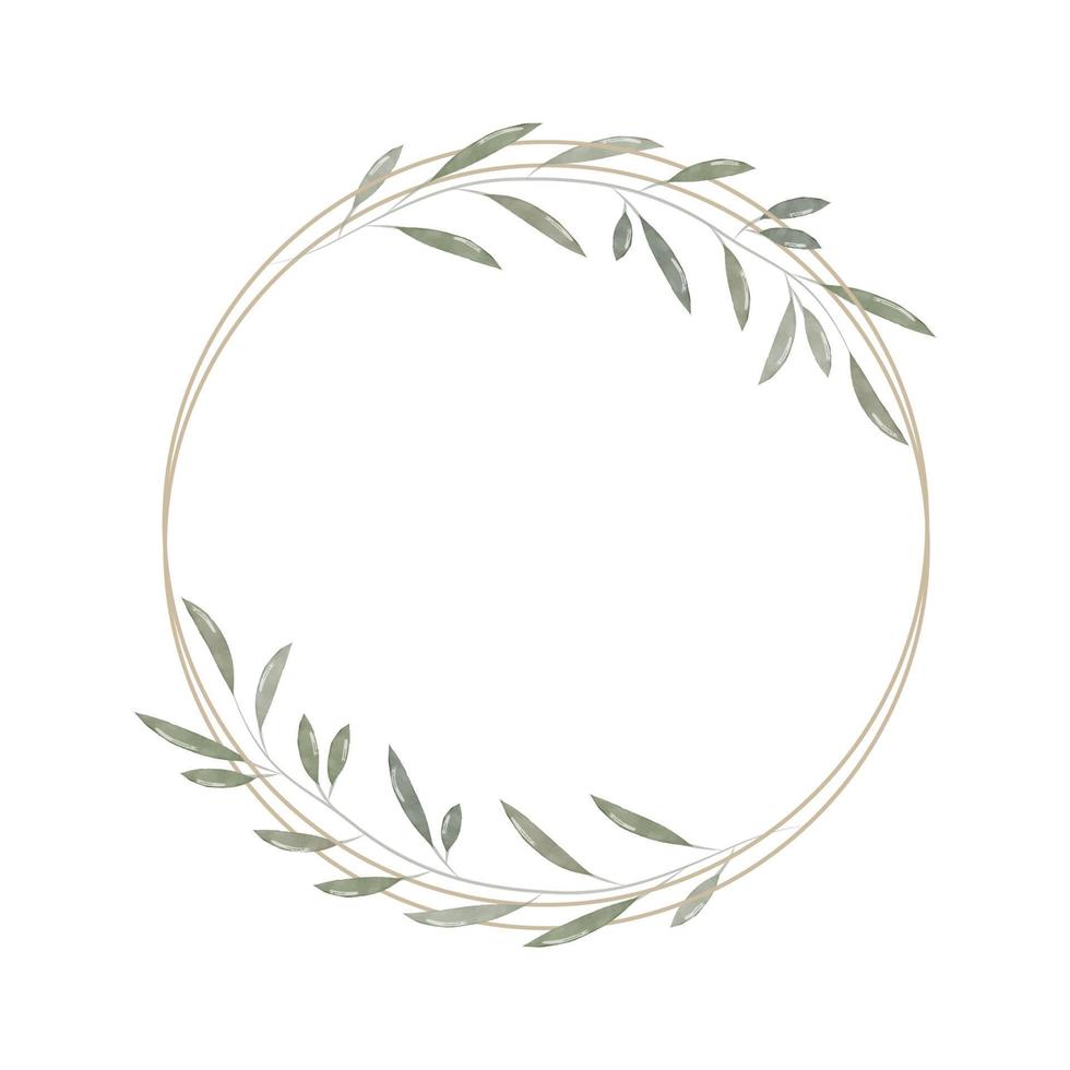 Round frame in rustic, minimalistic and watercolor style. Geometric border with watercolor branches and leaves. Modern frame for design wedding invitation and greeting card. Vector