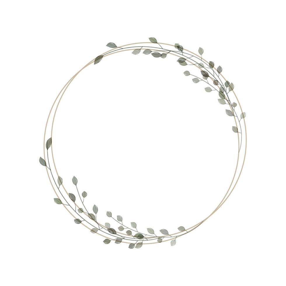 Circle border in rustic, minimalistic and watercolor style. Geometric frame with watercolor branches and leaves. Modern frame for design wedding invitation and greeting card. Vector
