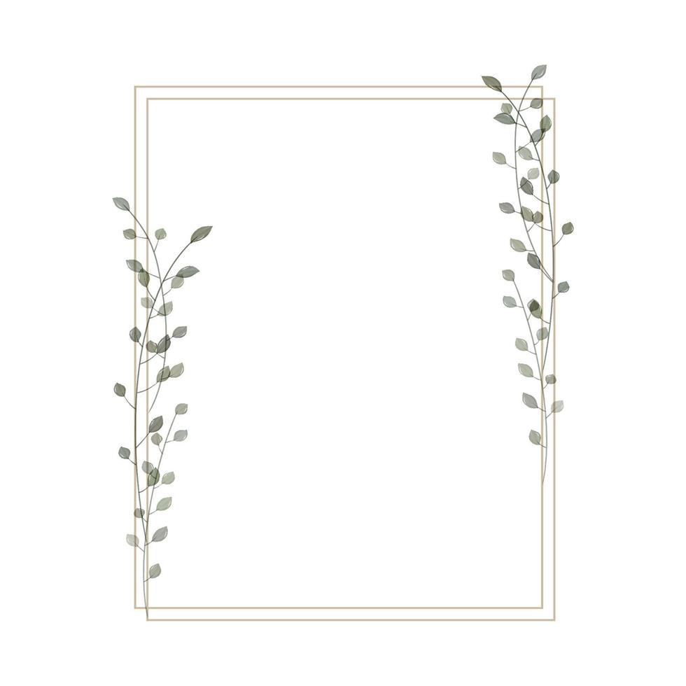 Rectangular frame in rustic, minimalistic and watercolor style. Geometric border with watercolor branches and leaves. Modern frame for design wedding invitation and greeting card. Vector