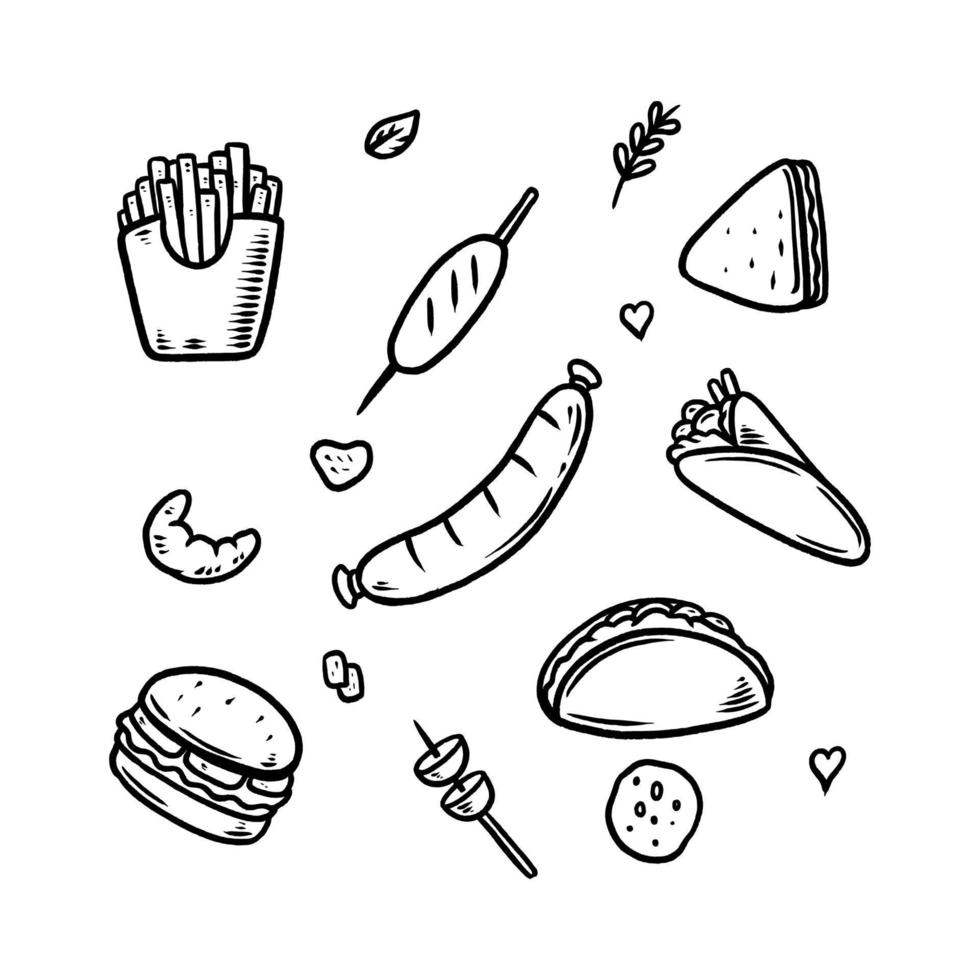 comida chatarra doodle conjunto ilustración dibujado a mano vector