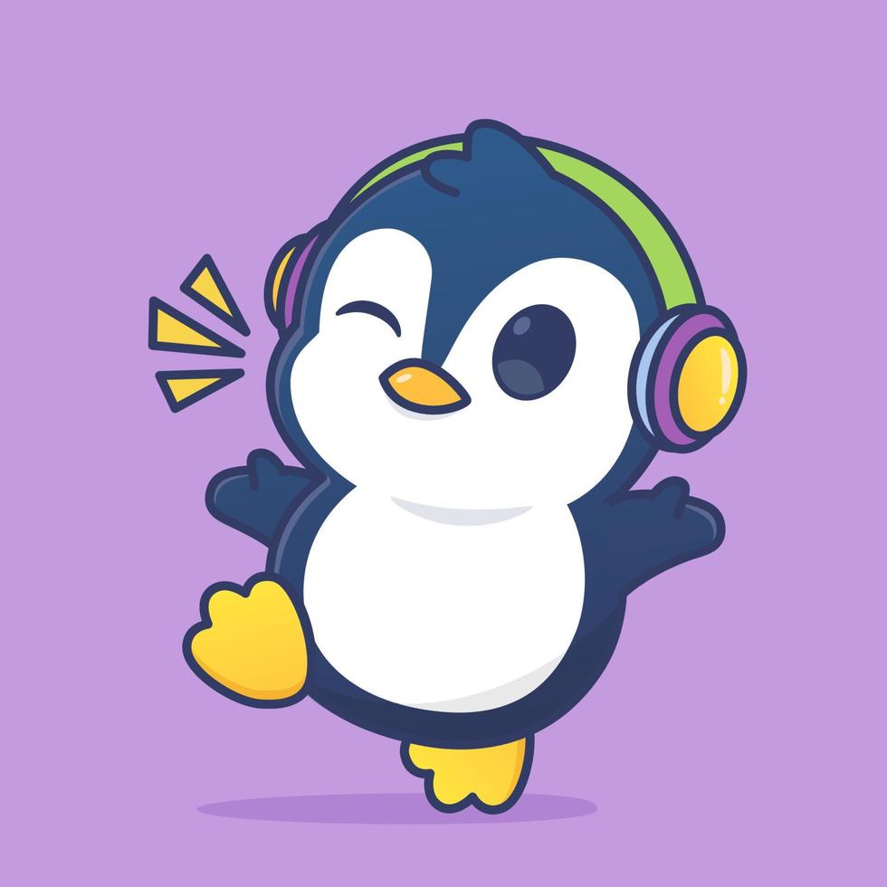 lindo pingüino feliz usar auriculares vector